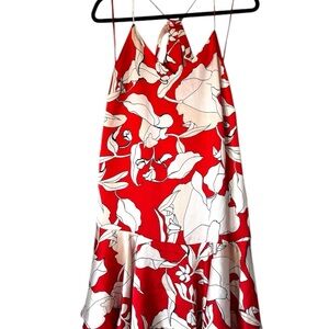 NWT Philosophy Coral Calla Lily Print Red and White Dress Flare Bottom, Sz Lg